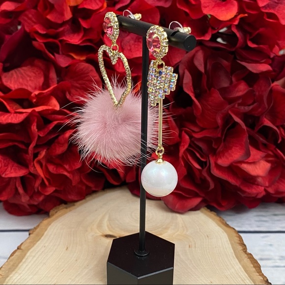 Romantic Crystal Pearl Pink Puff Pom Pom Earrings - Picture 13 of 15